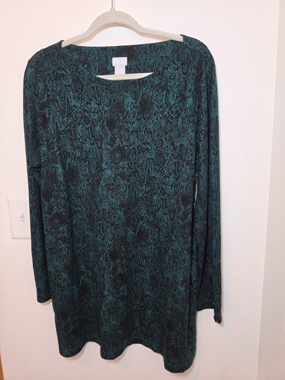 New Chicos Teal Snake Print Tunic Top Size 2 Large Long Sleeve Longline Button